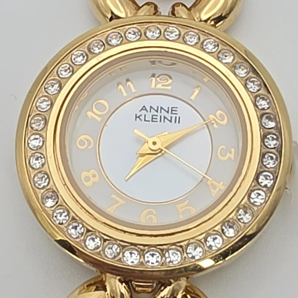 Vtg ANNE KLEIN II Ladie's Watch Women's Crystal Studded Gold Plate Leather 7.25